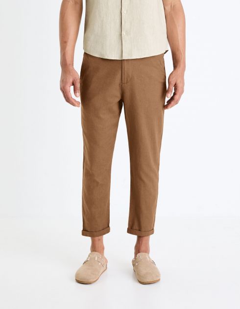 Pantalon straight en lin et coton - marron