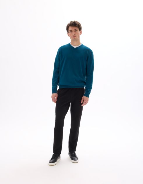Pull col V 100% coton - bleu foncé