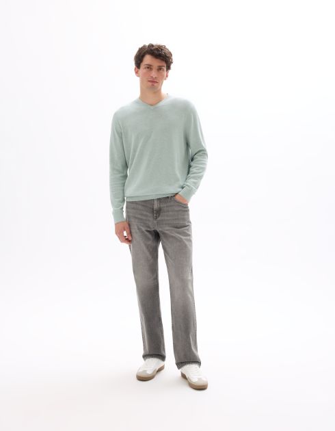 Pull col V 100% coton -bleu vert