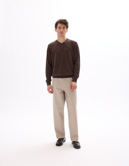 Pull col V 100% coton -marron foncé