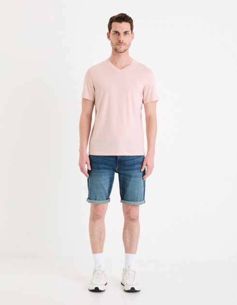 T-shirt col V 100% coton -bois de rose