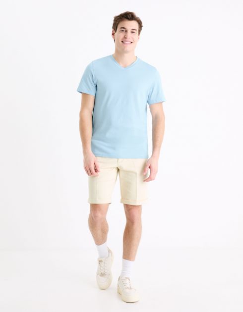 T-shirt col V 100% coton -bleu clair