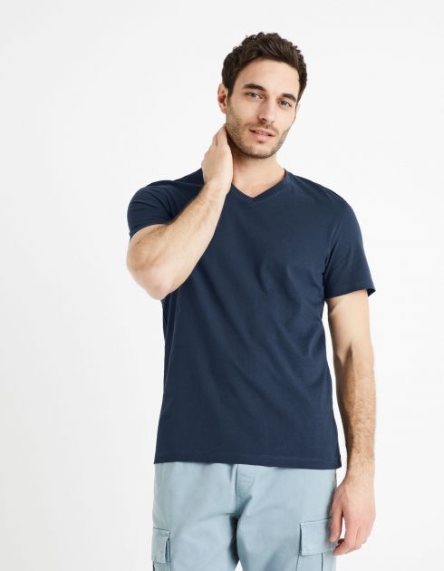 T-shirt col V 100% coton - marine
