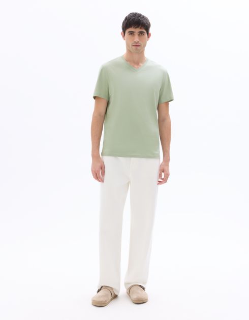 T-shirt regular col V 100% coton - vert clair