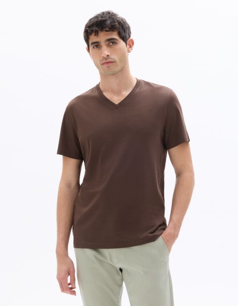 T-shirt regular col V 100% coton - marron