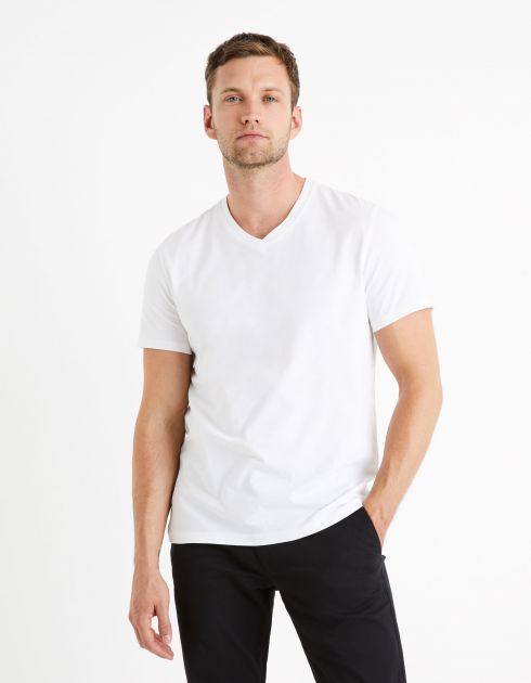 T-shirt col V 100% coton - blanc