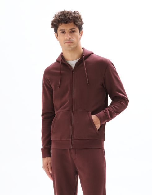 Sweat zippé à capuche 100% coton - bordeaux