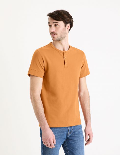 T-shirt col henley straight coton stretch - marron