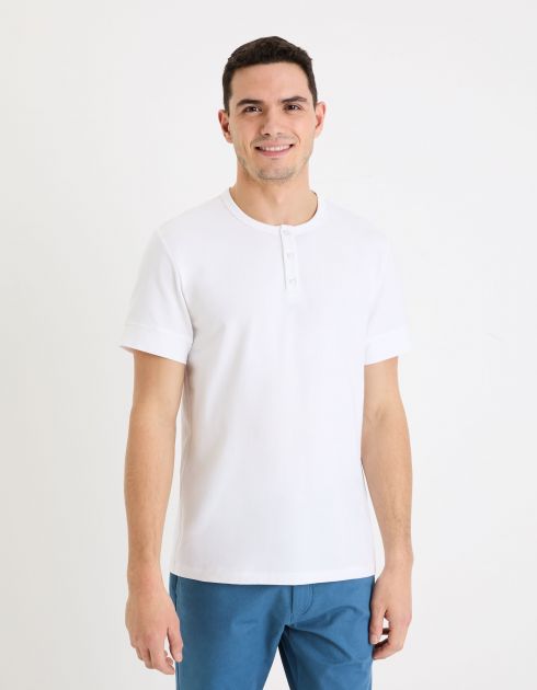 T-shirt col henley straight coton stretch - blanc