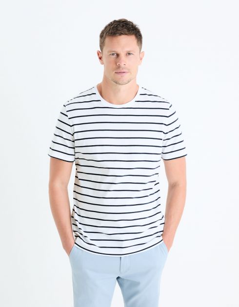 T-shirt straight 100% coton rayé - blanc