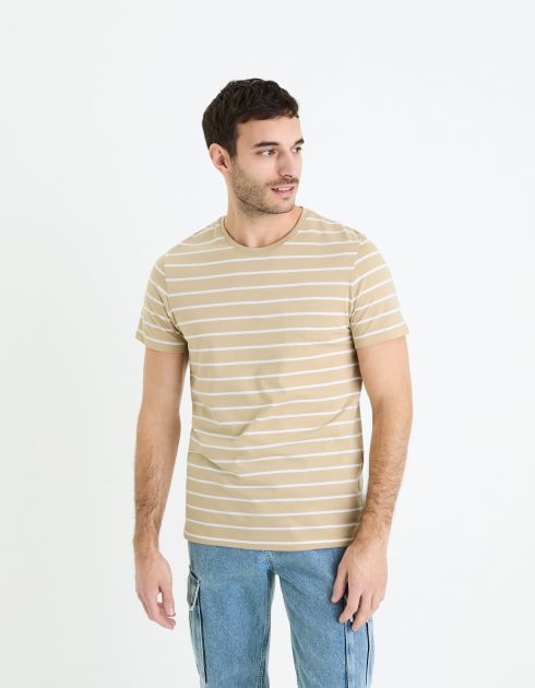 T-shirt straight 100% coton rayé - taupe clair