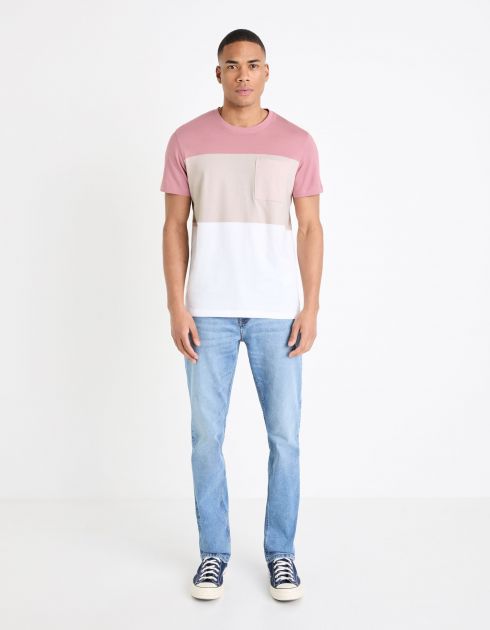 T-shirt col rond color block en coton - rose