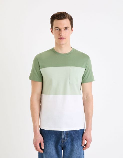 T-shirt col rond color block en coton - vert