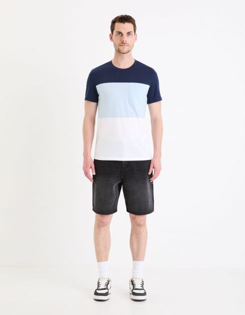 T-shirt col rond color block en coton - marine