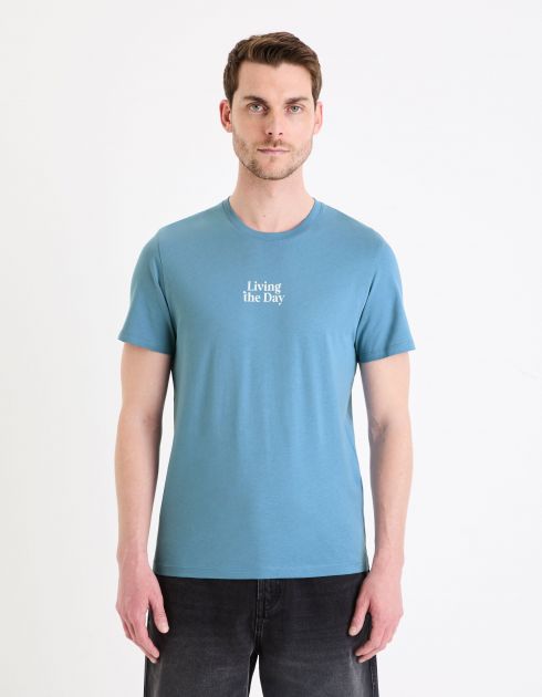 T-shirt col rond imprimé en coton - bleu