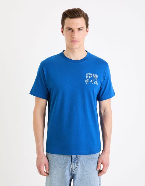 T-shirt col rond imprimé en coton - bleu