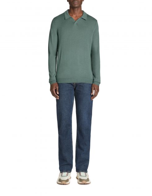 Polo slim laine mélangée manches longues - vert