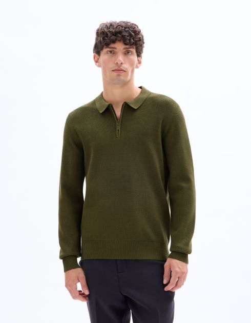 Pull col polo zippé gaufré - kaki