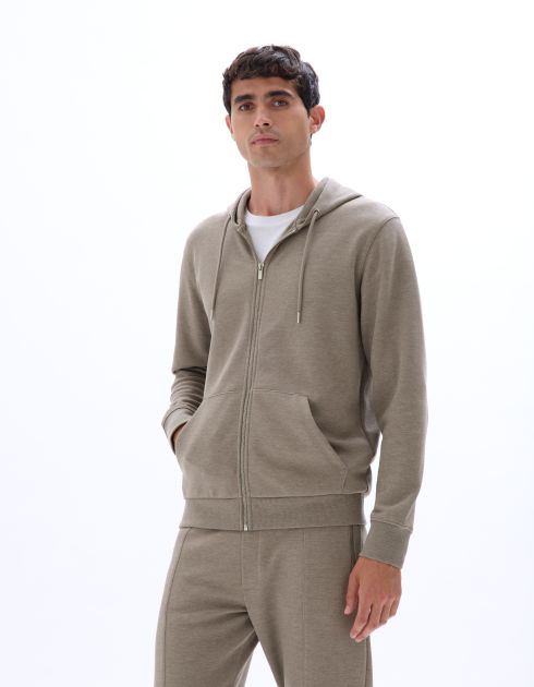 Sweat zippé à capuche regular en piqué - taupe