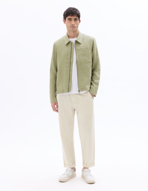Pantalon rayé en lin et coton - naturel
