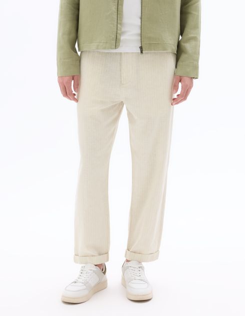 Pantalon rayé en lin et coton - naturel