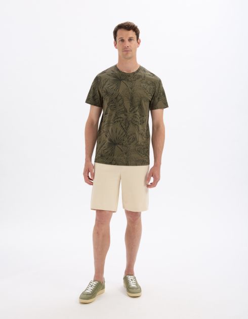 T-shirt regular col rond 100% coton fleuri - kaki
