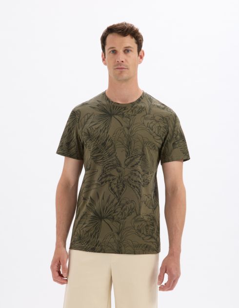 T-shirt regular col rond 100% coton fleuri - kaki