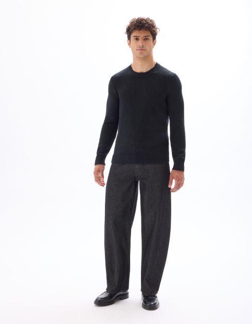 Pull col rond en maille flammée 100% coton - noir