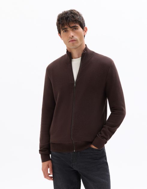 Gilet zippé col camionneur en maille piquée - marron