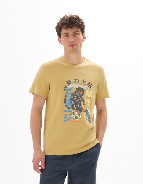 T-shirt regular col rond 100% coton imprimé asie - moutarde