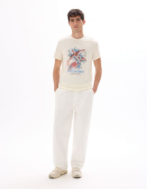 T-shirt regular col rond 100% coton imprimé asie - écru