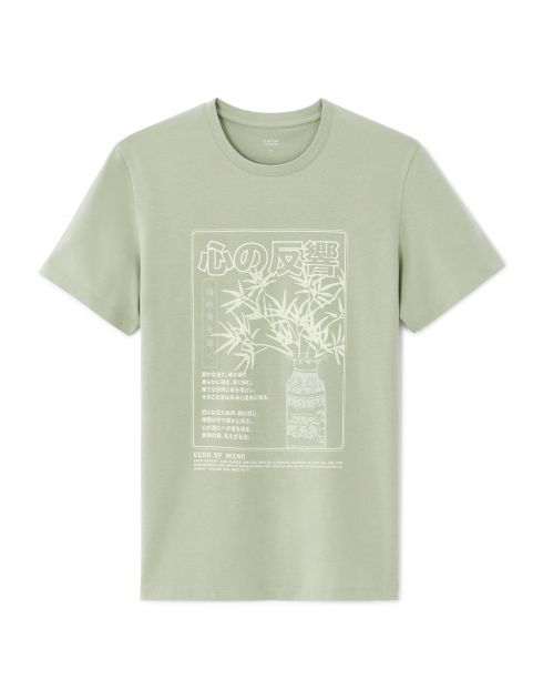 T-shirt regular col rond 100% coton imprimé asie - sauge