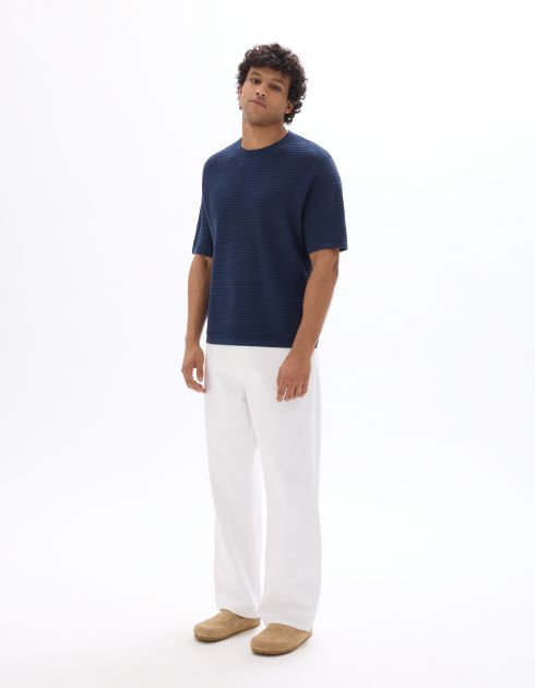 T-shirt boxy col rond en maille ajourée - marine