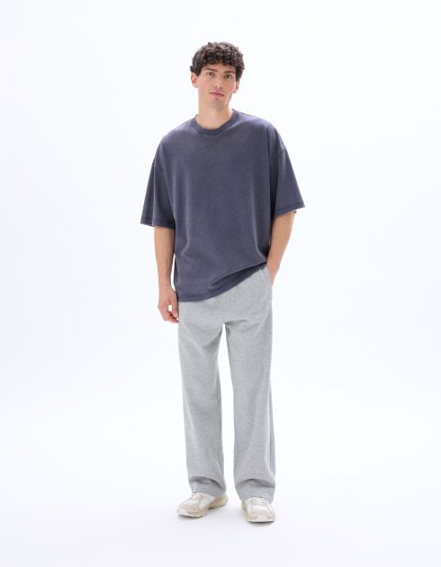 T-shirt oversize col rond 100% coton délavé et reliéfé - bleu gris