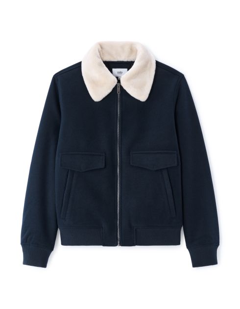 Blouson Woolness en laine mélangé à col fourrure - marine