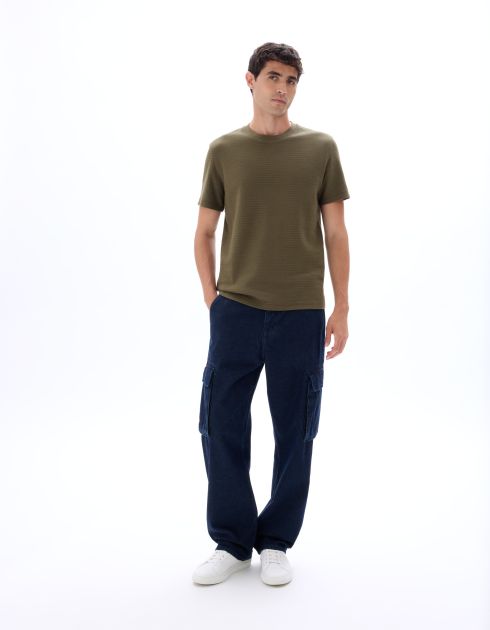 T-shirt regular col rond 100% coton reliéfé - kaki