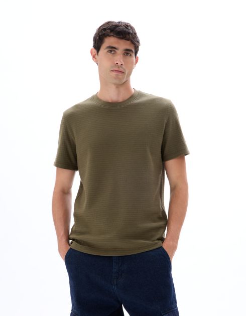 T-shirt regular col rond 100% coton reliéfé - kaki