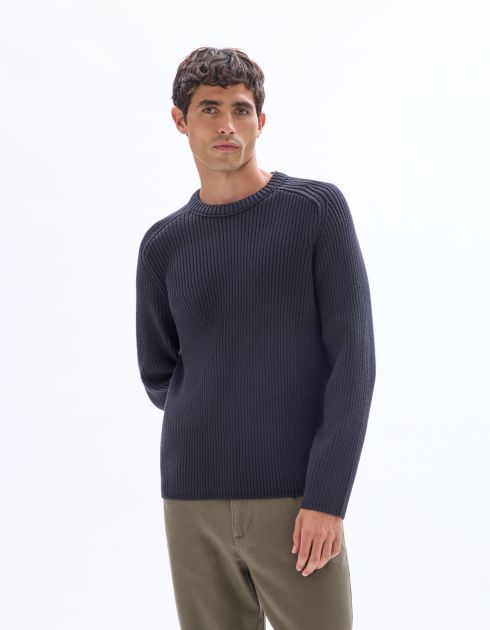 Pull col rond en maille côtelée - encre