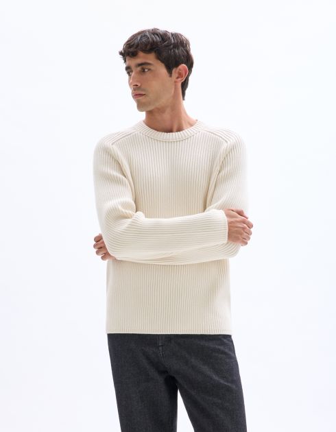 Pull col rond en maille côtelée - écru