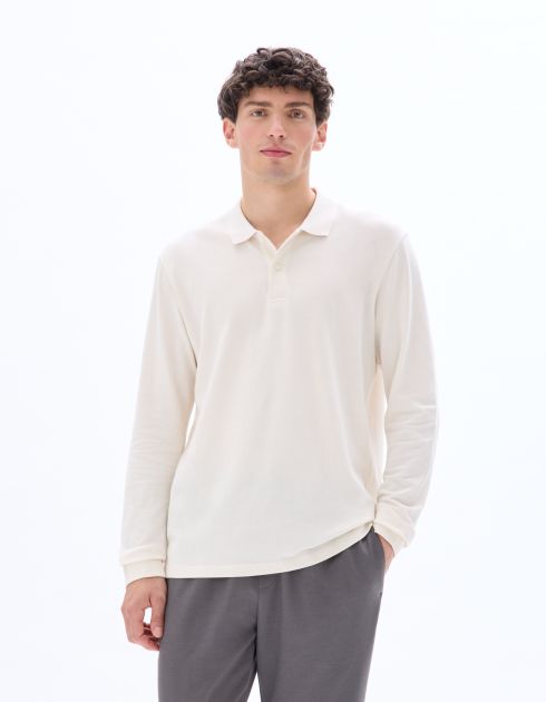 Polo regular piqué 100% coton manches longues - écru