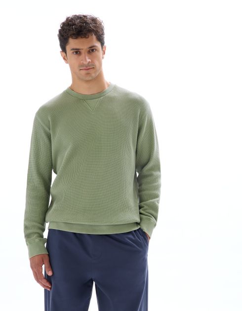 Sweat regular col rond 100% coton gaufrée - kaki