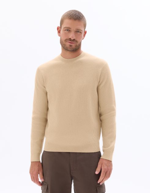Pull col rond côtelé - beige