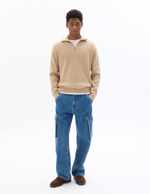 Pull relax col montant zippé côtelé - beige clair