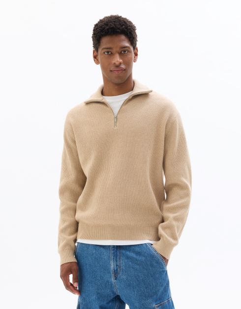 Pull relax col montant zippé côtelé - beige clair