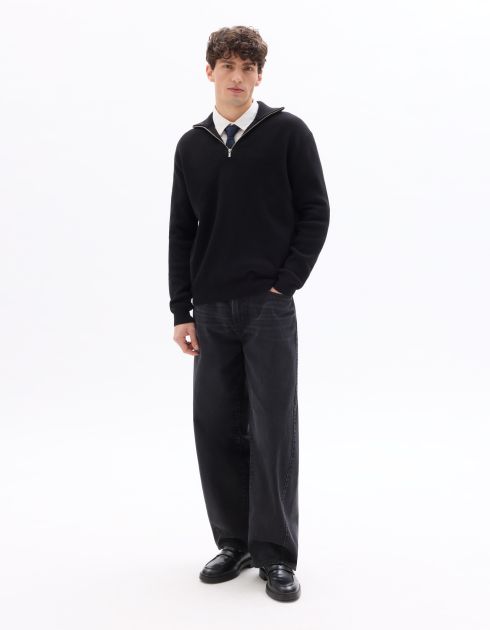 Pull col montant zippé côtelé - noir