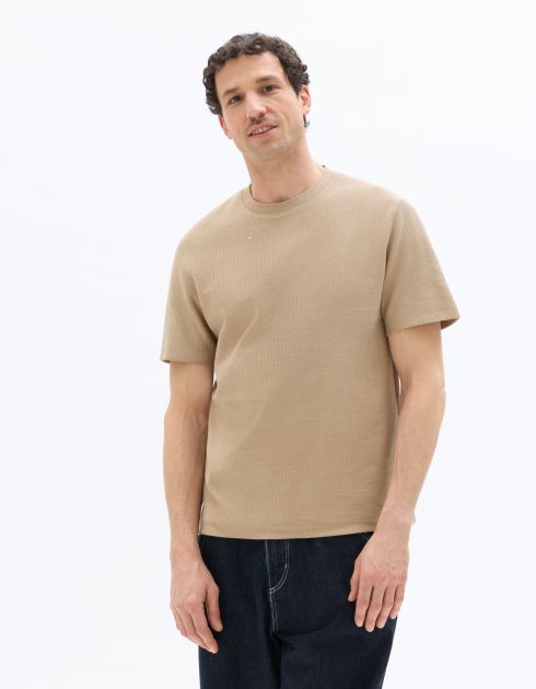 T-Shirt boxy col rond 100% coton reliéfé - taupe