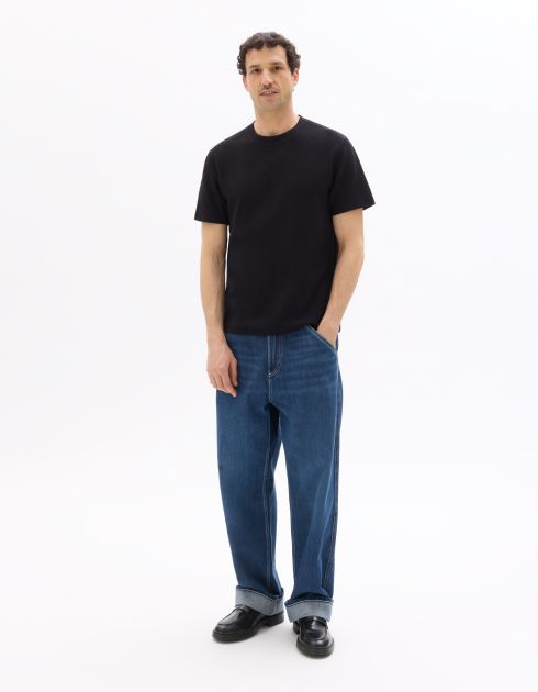 T-Shirt boxy col rond 100% coton reliéfé - noir