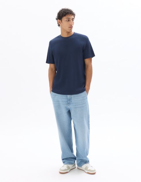 T-shirt boxy col rond 100% coton gaufré - marine