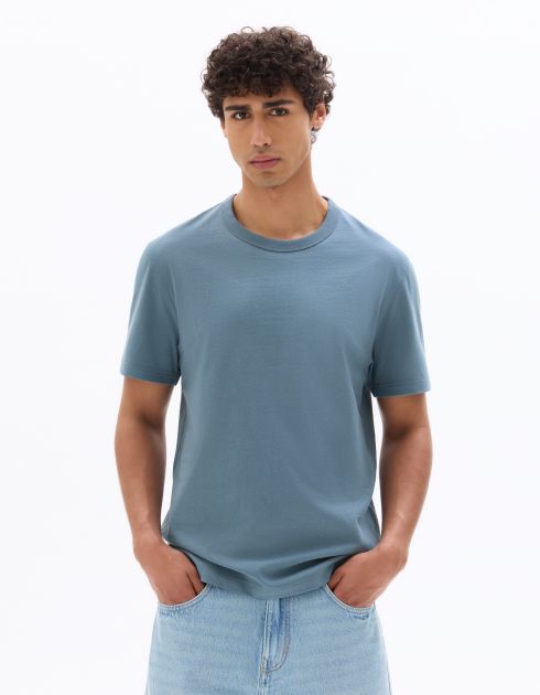 T.02 T-Shirt boxy col rond 100% coton épais - bleu