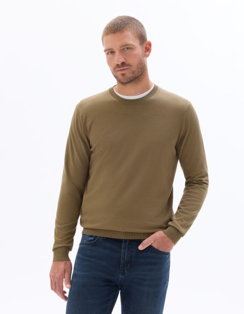K.02 Pull col rond uni en maille fine - gris vert